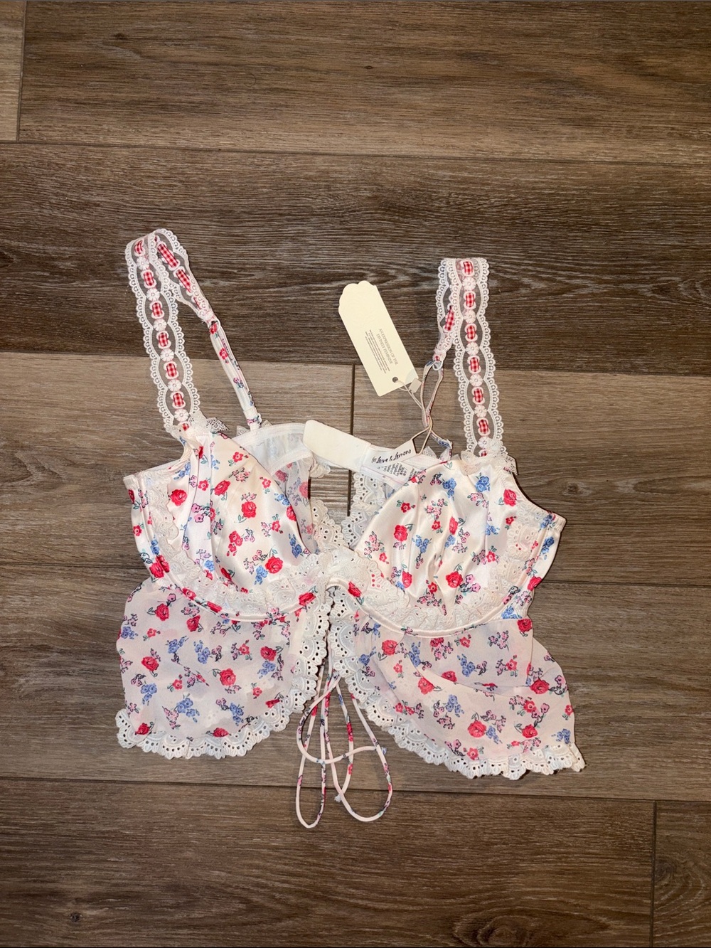 For Love And Lemons White Floral Lace Bralette with Pink & Blue Blossoms